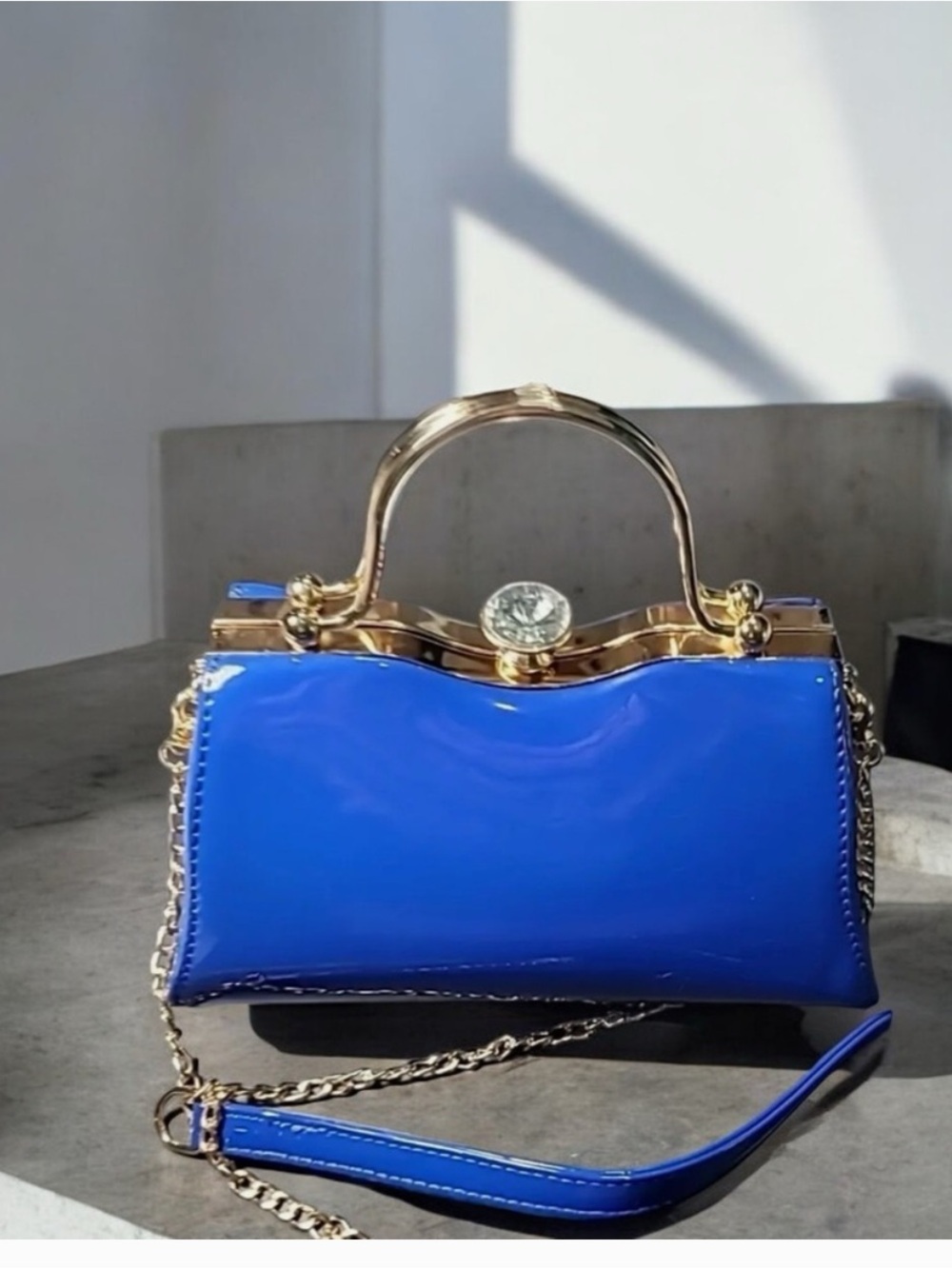 La Terre Blue Vegan Purse w Detachable Gold Chain Strap, Gem Clasp FANCY